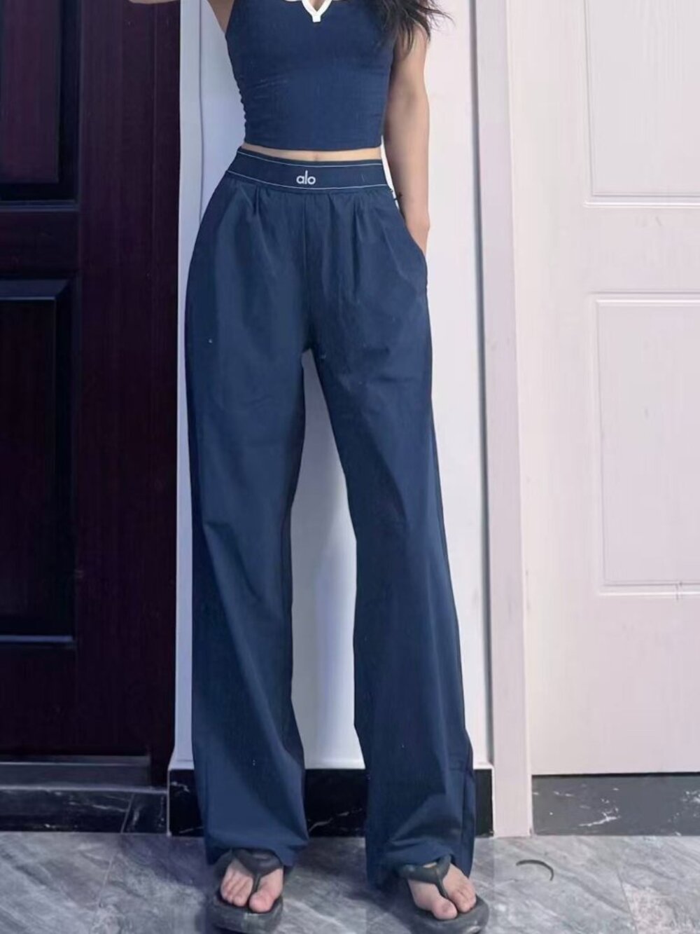 ALO Yoga😍Regular 30” Suit Up Trouser Navy Blue, Relaxed Fit Wide Leg Pants
